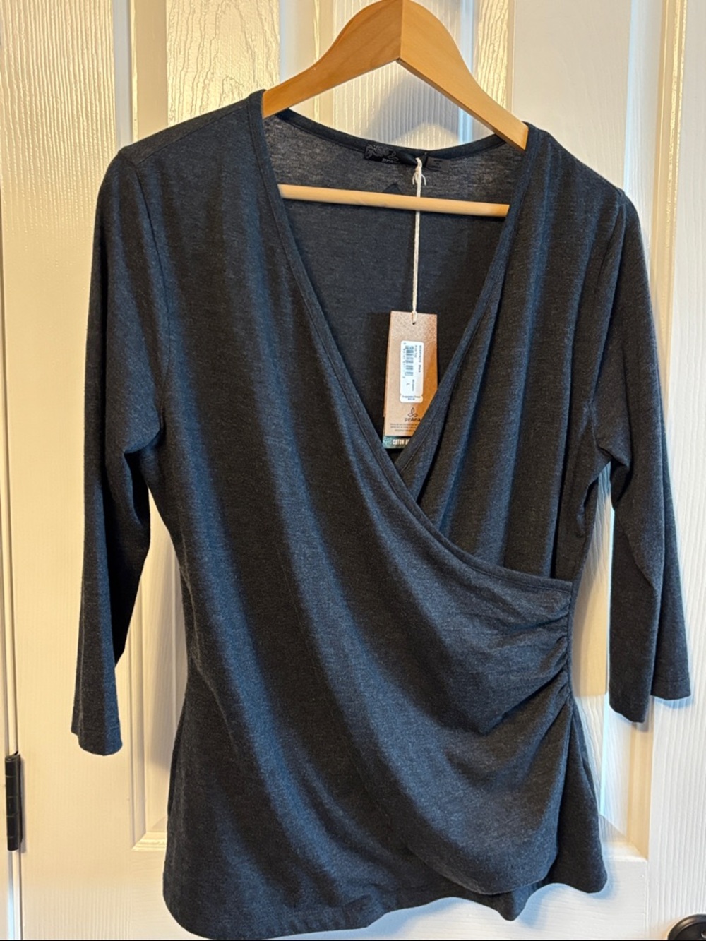 Prana Arya Top: Dark Gray Wrap Front Top